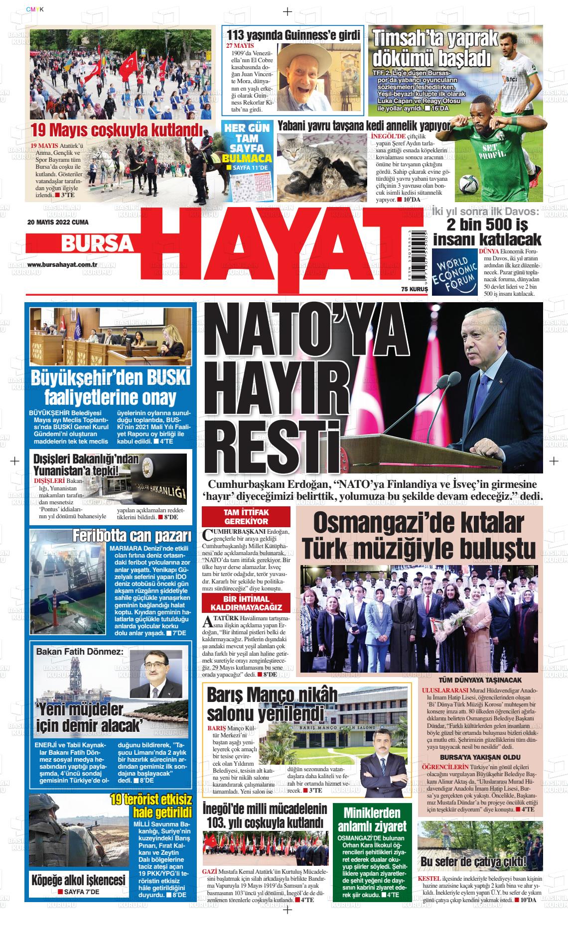 20 Mayıs 2022 Bursa Hayat Gazete Manşeti