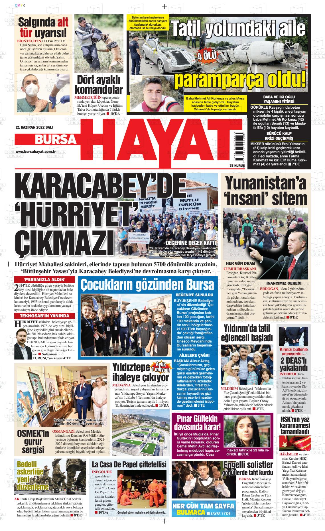 21 Haziran 2022 Bursa Hayat Gazete Manşeti