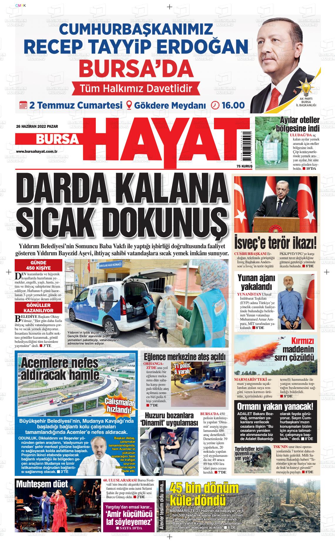 26 Haziran 2022 Bursa Hayat Gazete Manşeti