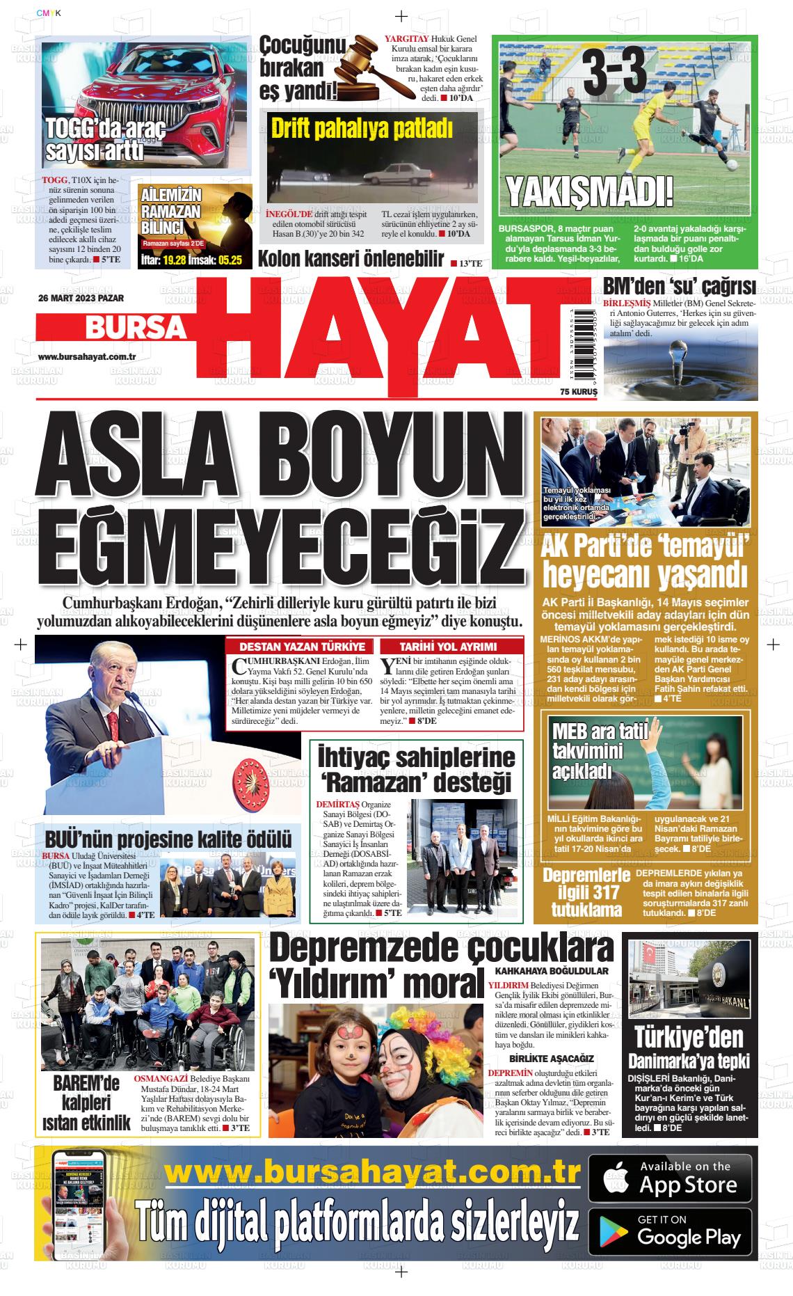 26 Mart 2023 Bursa Hayat Gazete Manşeti