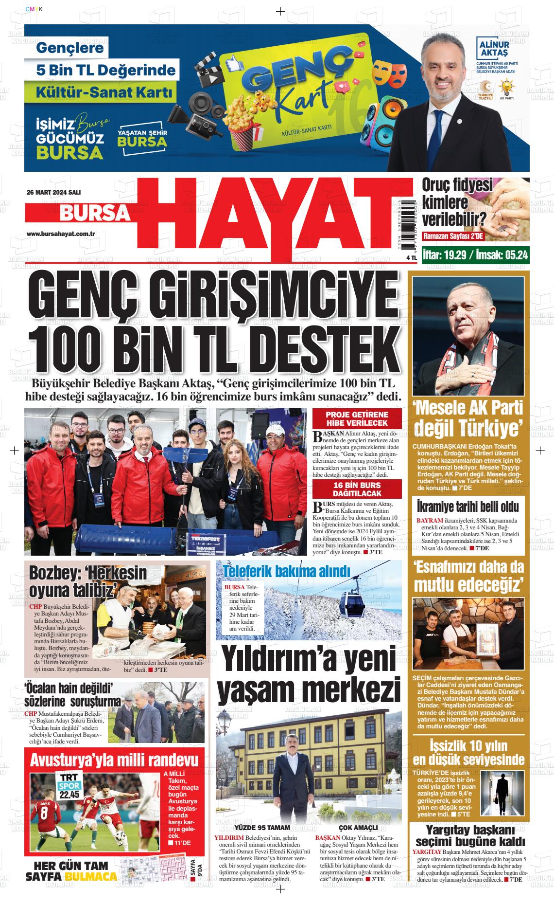 26 Mart 2024 Bursa Hayat Gazete Manşeti