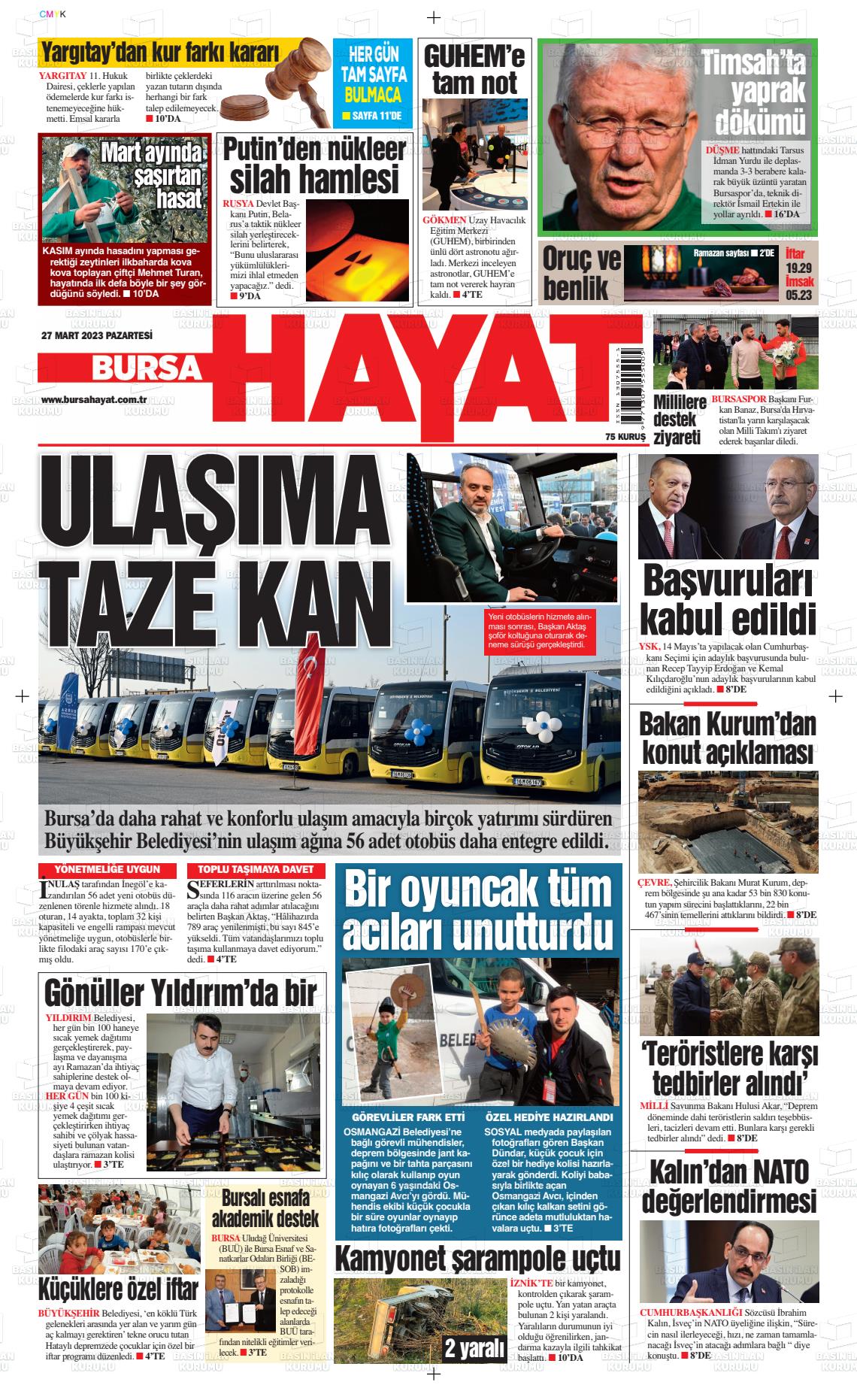27 Mart 2023 Bursa Hayat Gazete Manşeti