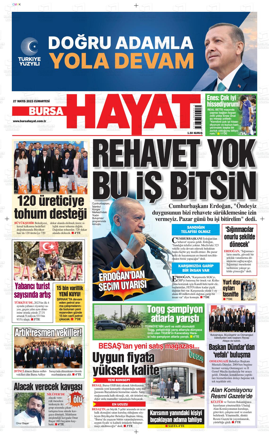 27 Mayıs 2023 Bursa Hayat Gazete Manşeti