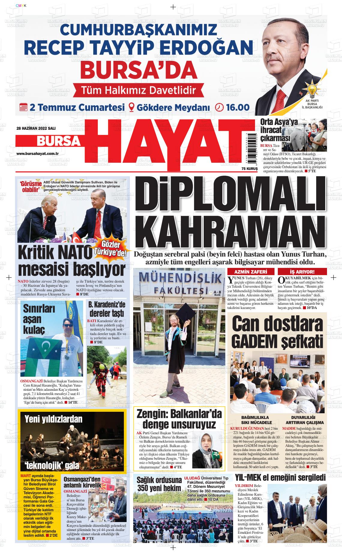28 Haziran 2022 Bursa Hayat Gazete Manşeti