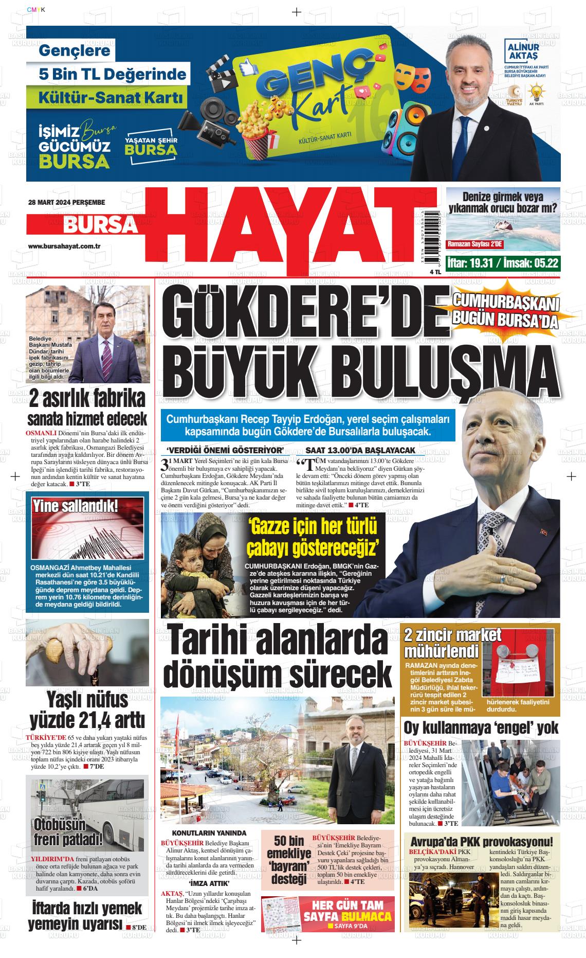 28 Mart 2024 Bursa Hayat Gazete Manşeti