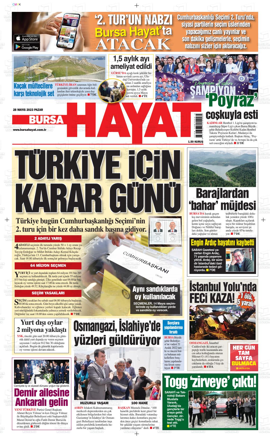 28 Mayıs 2023 Bursa Hayat Gazete Manşeti
