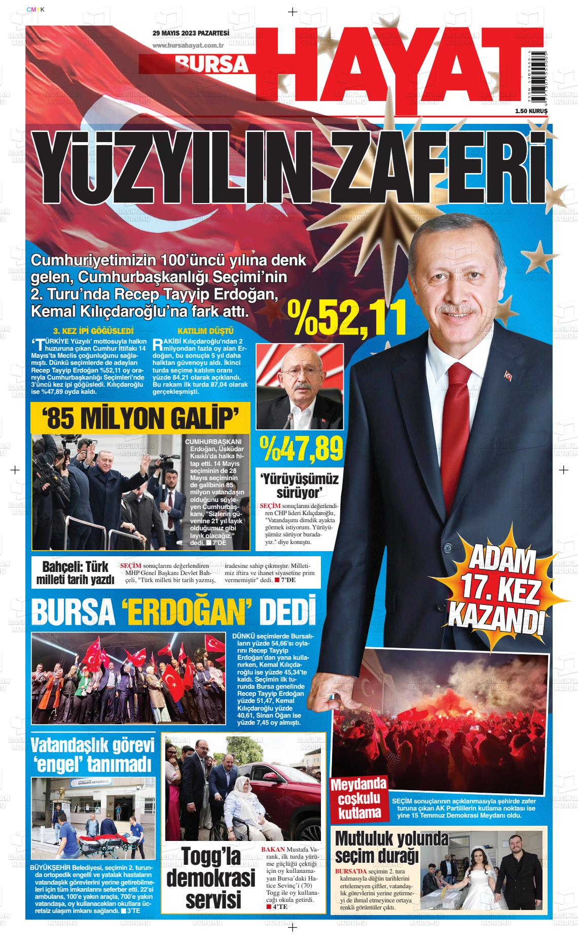 29 Mayıs 2023 Bursa Hayat Gazete Manşeti
