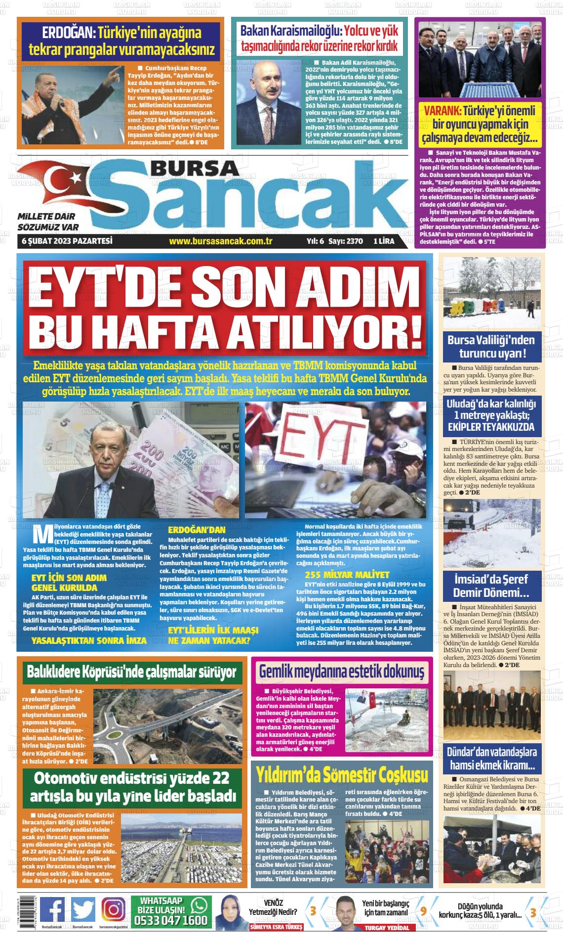 06 Şubat 2023 Bursa Sancak Gazete Manşeti