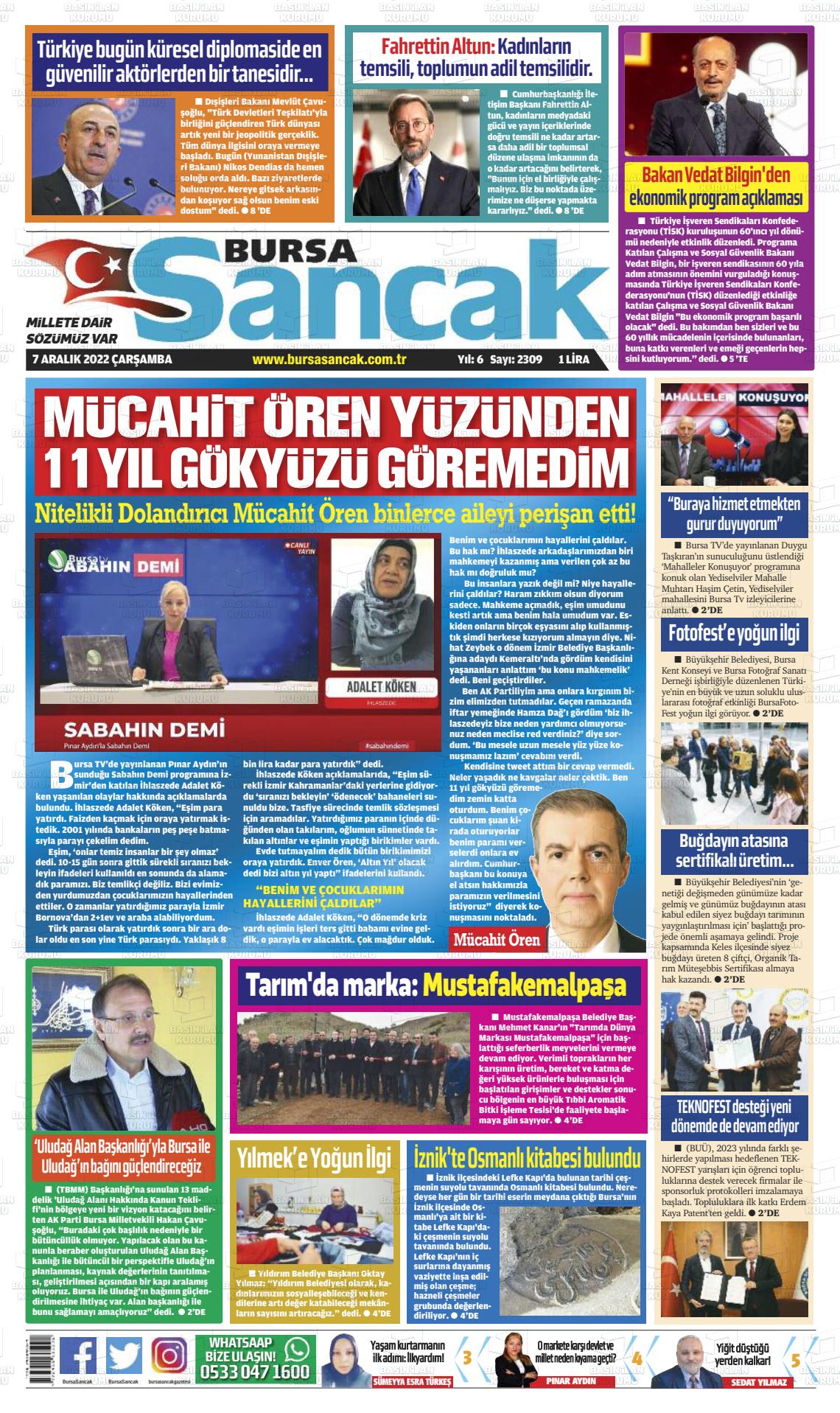 07 Aralık 2022 Bursa Sancak Gazete Manşeti