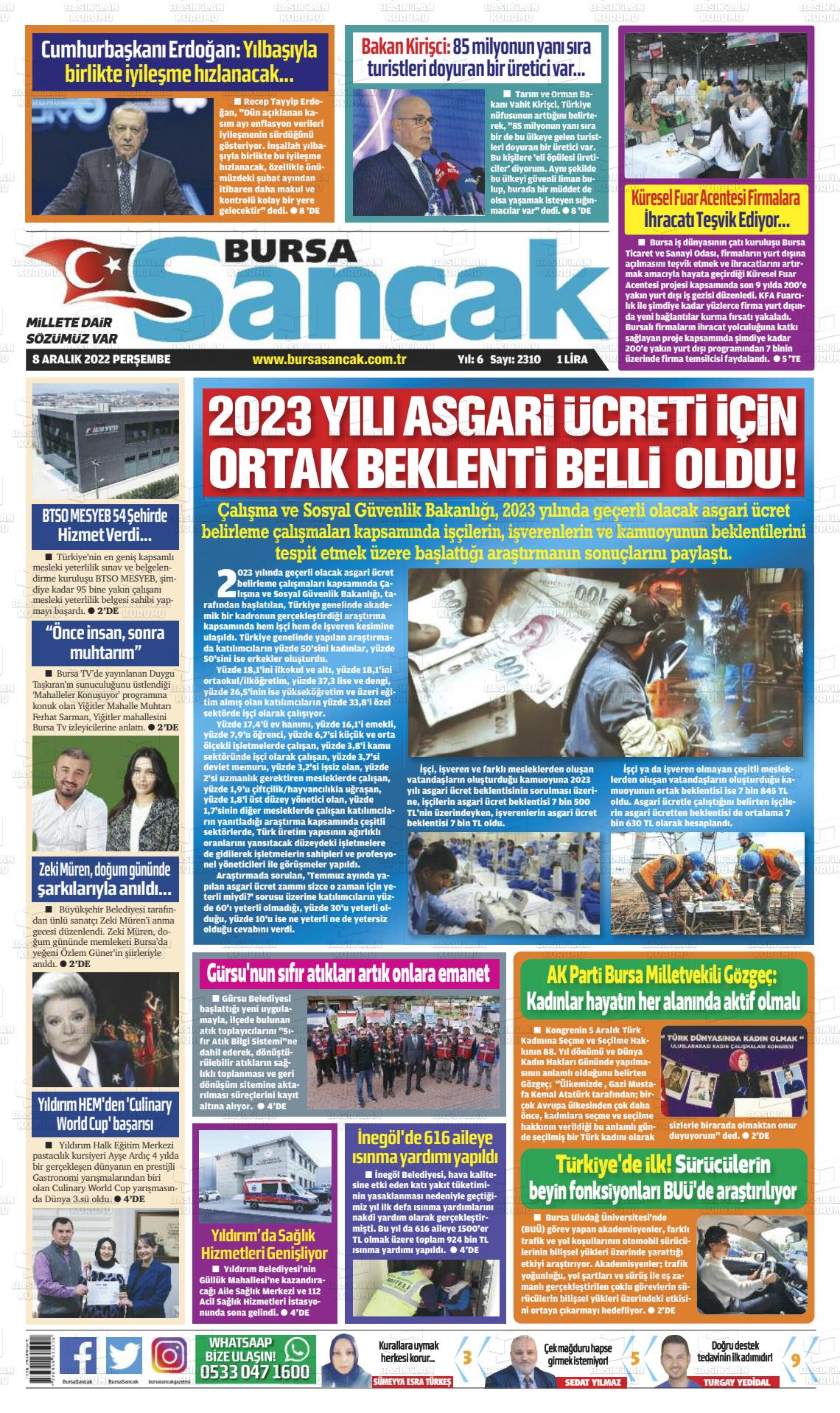 08 Aralık 2022 Bursa Sancak Gazete Manşeti