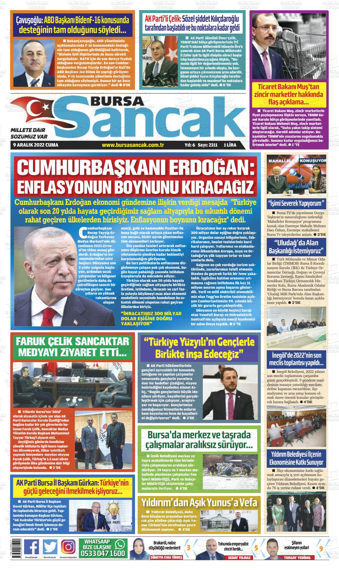 09 Aralık 2022 Bursa Sancak Gazete Manşeti