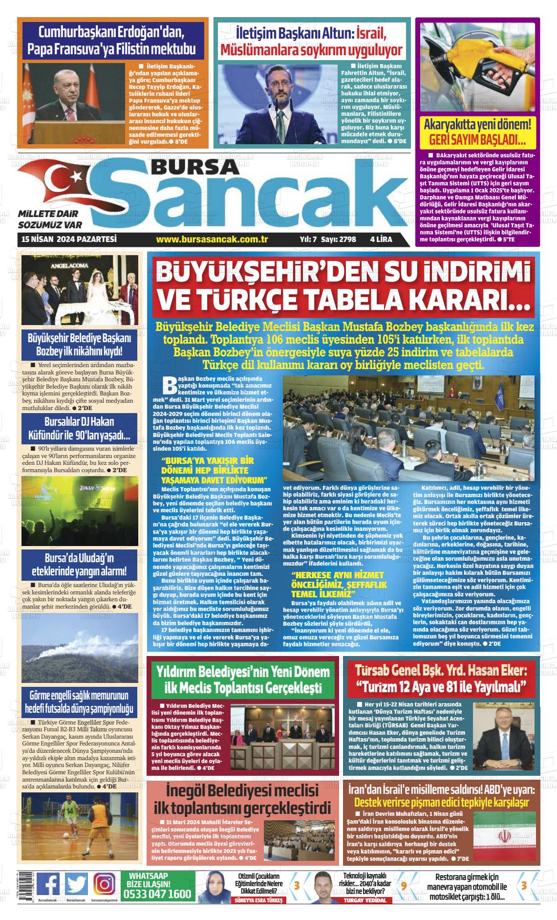 15 Nisan 2024 Bursa Sancak Gazete Manşeti