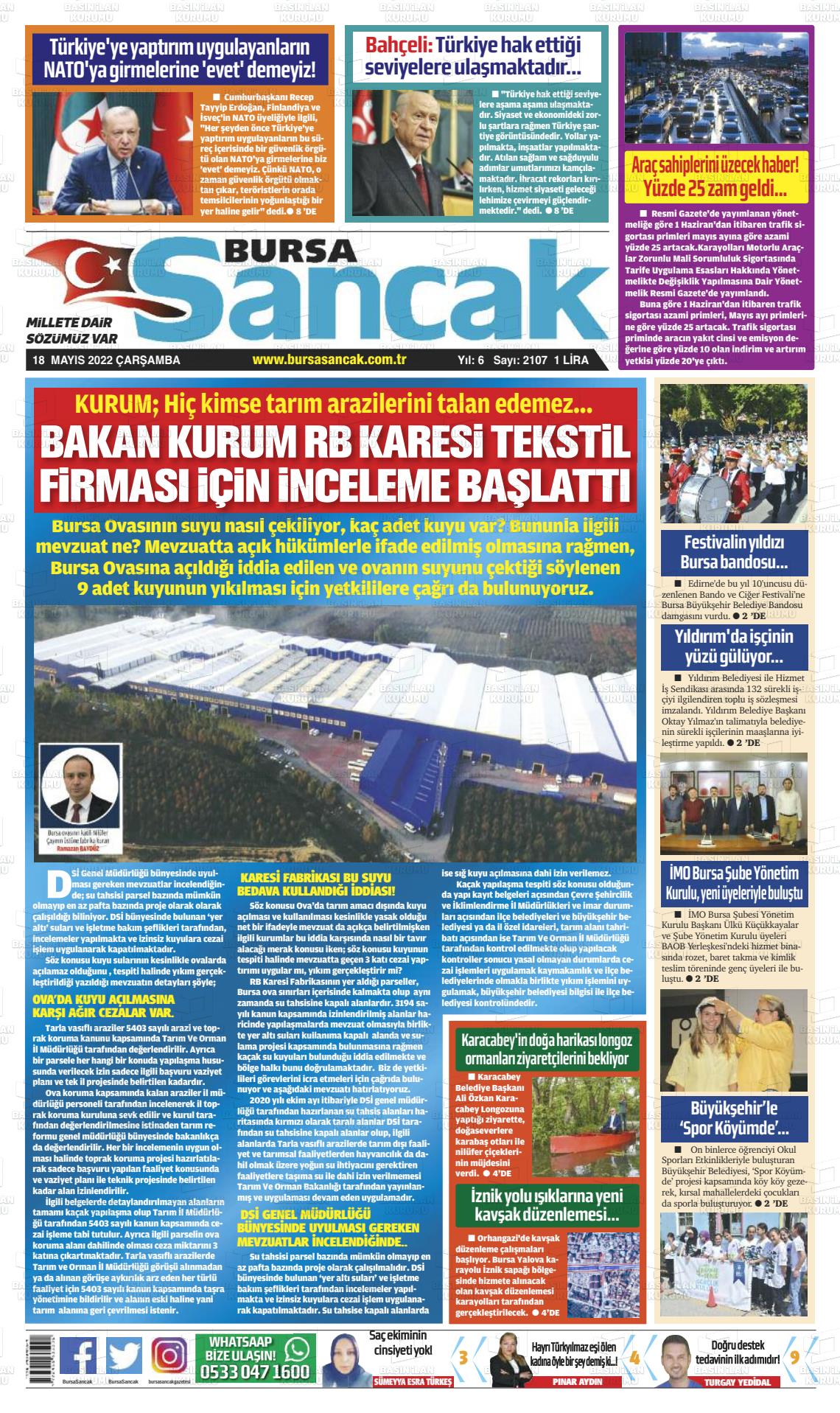 18 Mayıs 2022 Bursa Sancak Gazete Manşeti