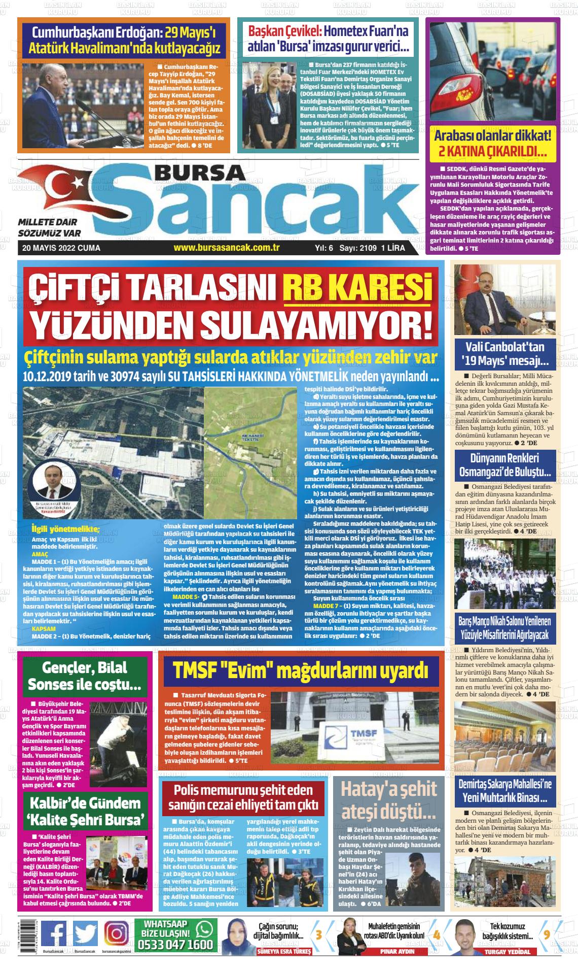 20 Mayıs 2022 Bursa Sancak Gazete Manşeti