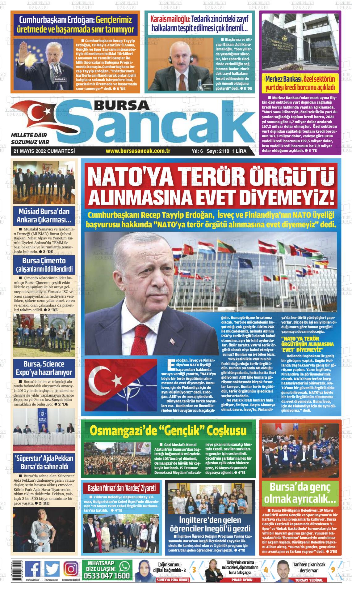 21 Mayıs 2022 Bursa Sancak Gazete Manşeti