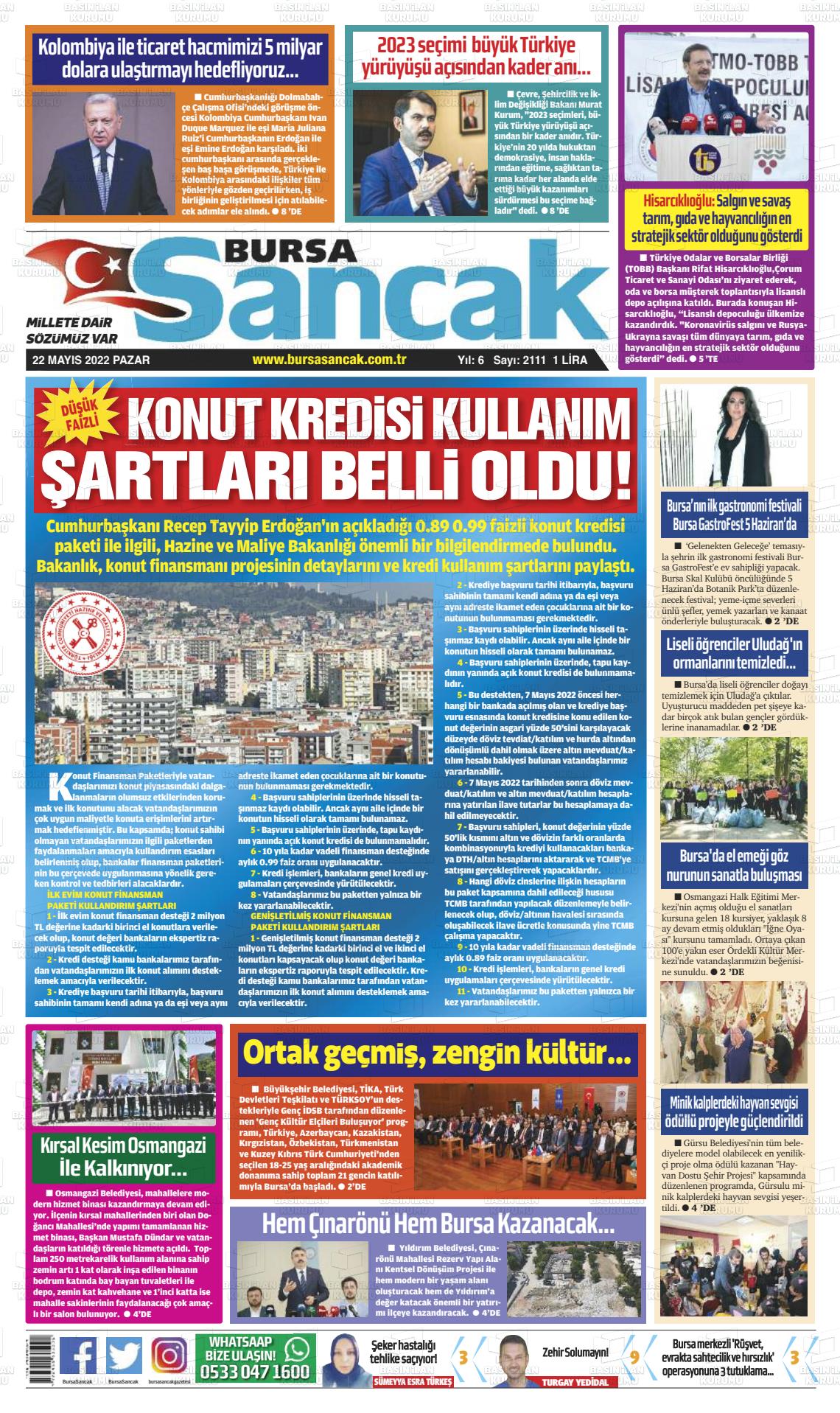 22 Mayıs 2022 Bursa Sancak Gazete Manşeti