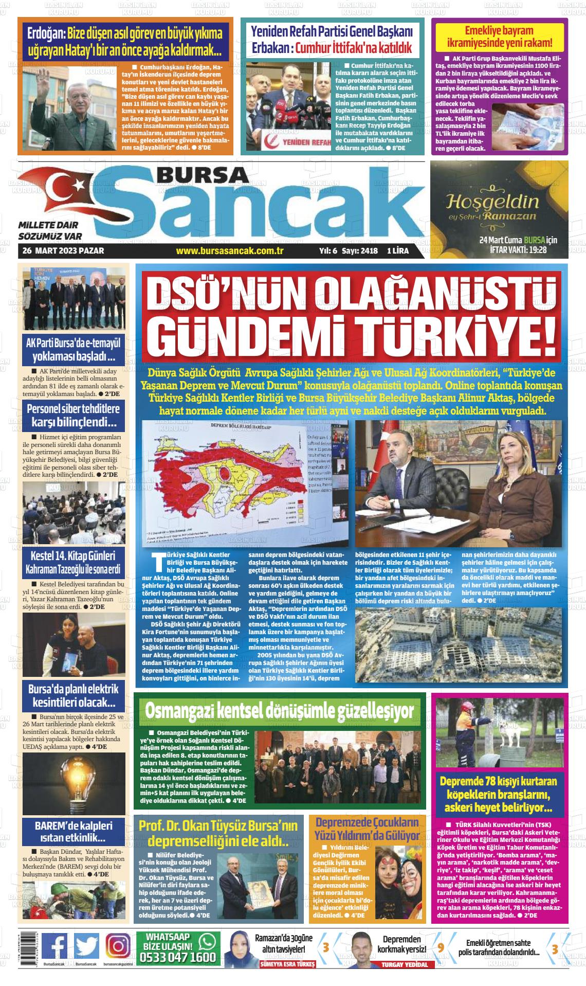 26 Mart 2023 Bursa Sancak Gazete Manşeti