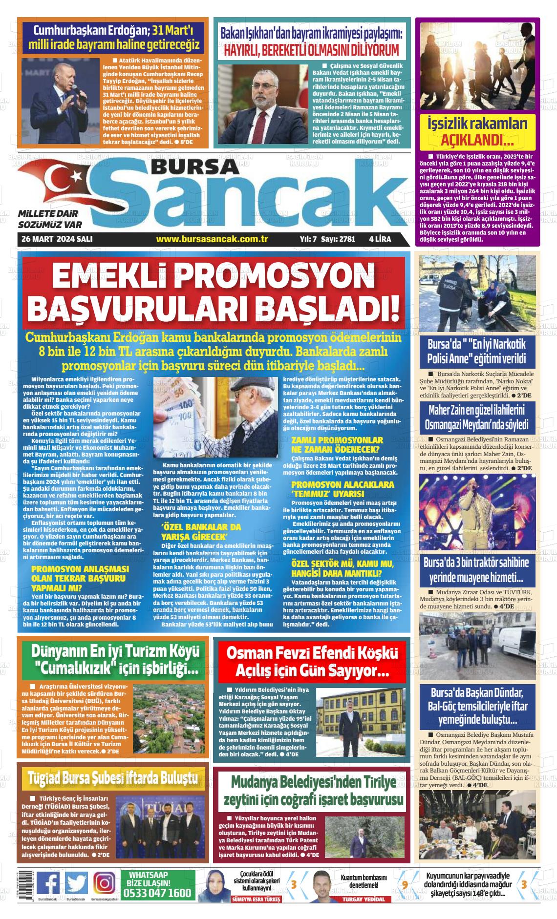 26 Mart 2024 Bursa Sancak Gazete Manşeti
