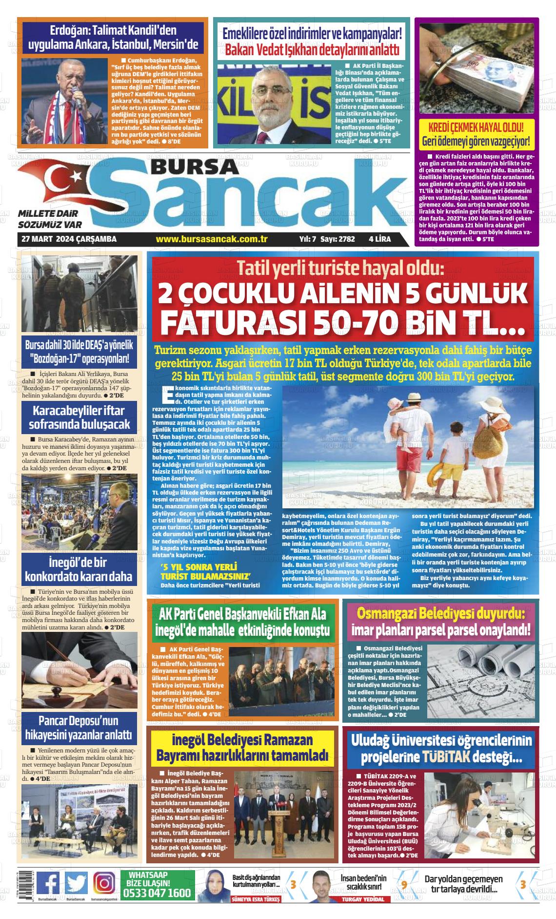 27 Mart 2024 Bursa Sancak Gazete Manşeti