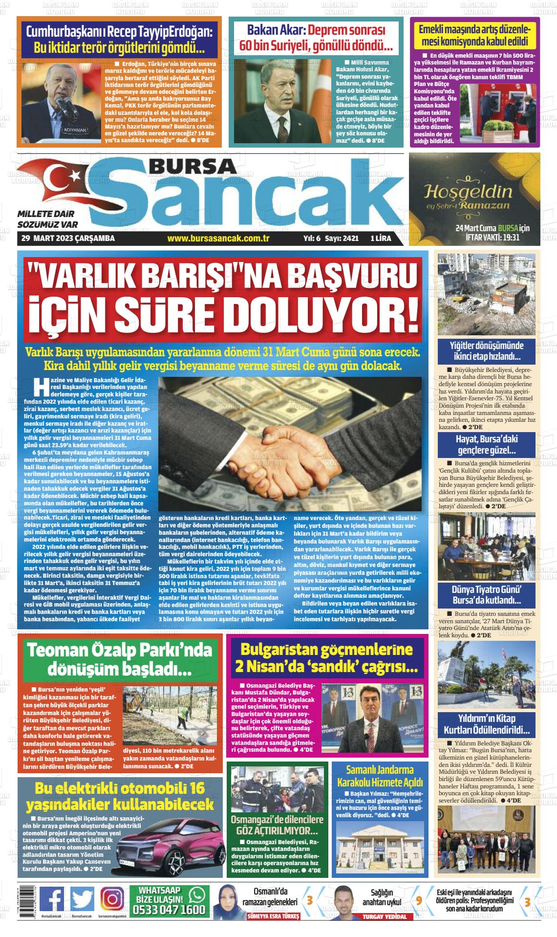 29 Mart 2023 Bursa Sancak Gazete Manşeti