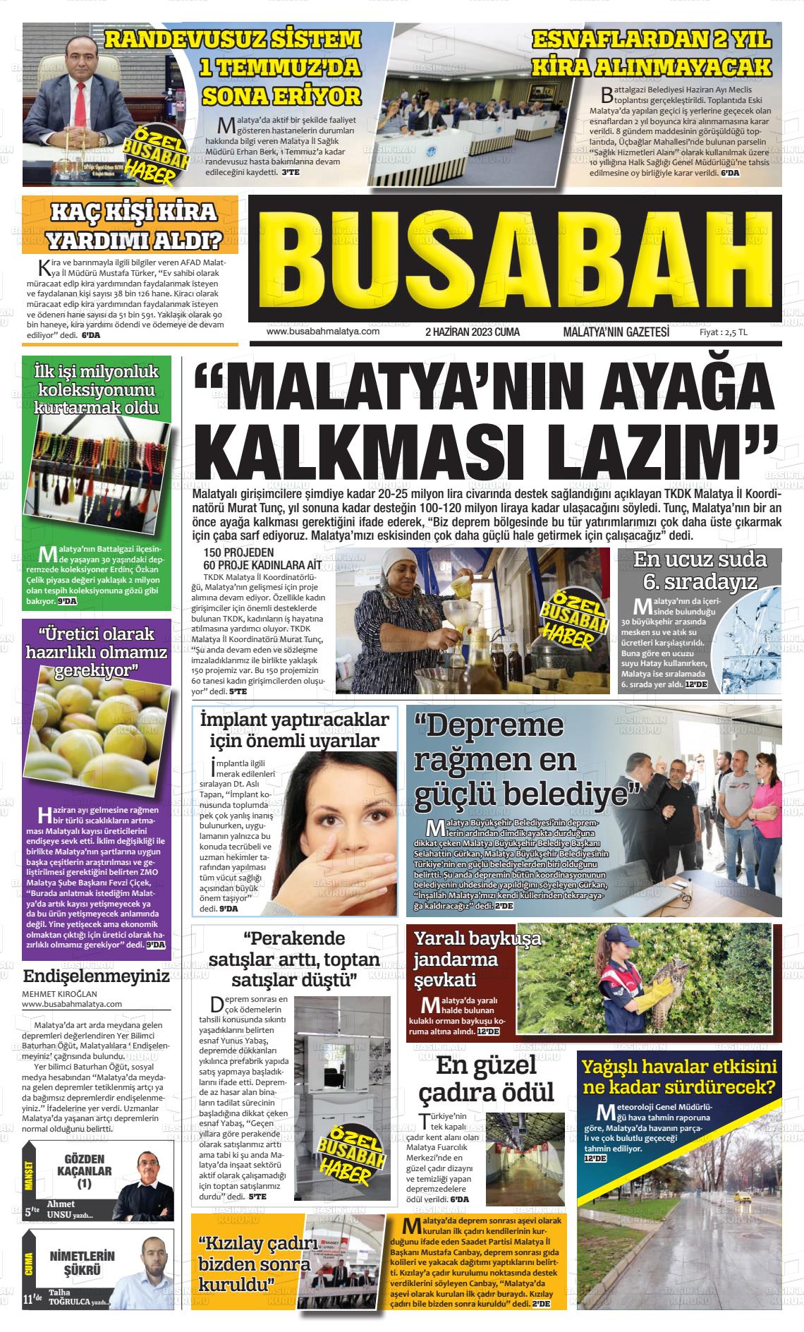02 Haziran 2023 BUSABAH Malatya Gazete Manşeti