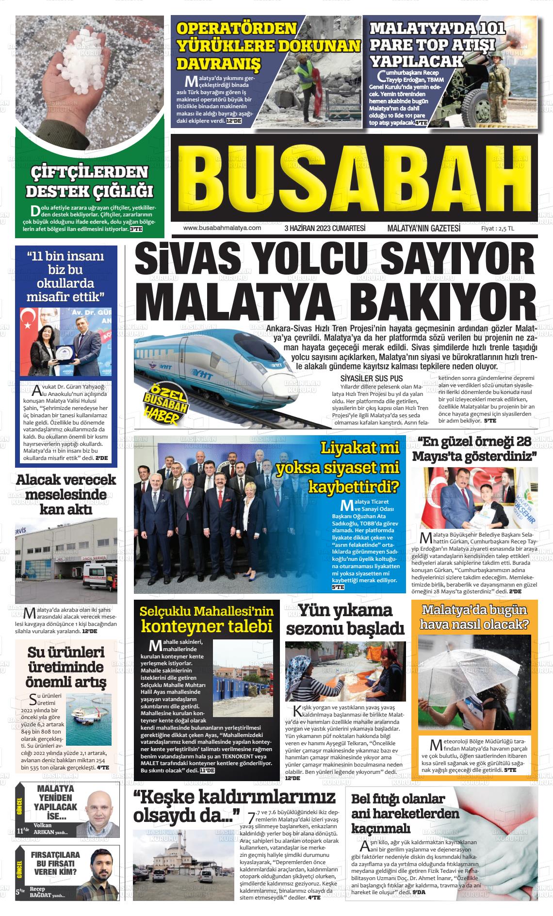 03 Haziran 2023 BUSABAH Malatya Gazete Manşeti