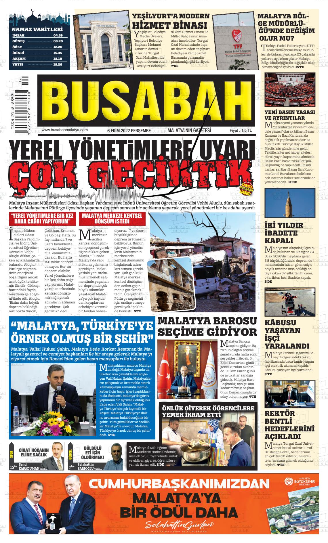 06 Ekim 2022 BUSABAH Malatya Gazete Manşeti