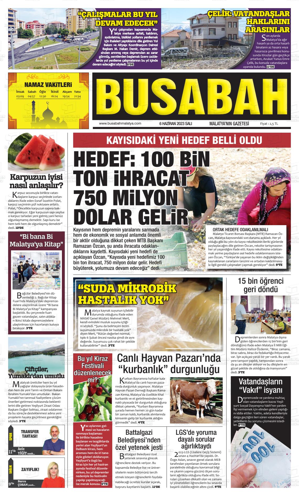 06 Haziran 2023 BUSABAH Malatya Gazete Manşeti