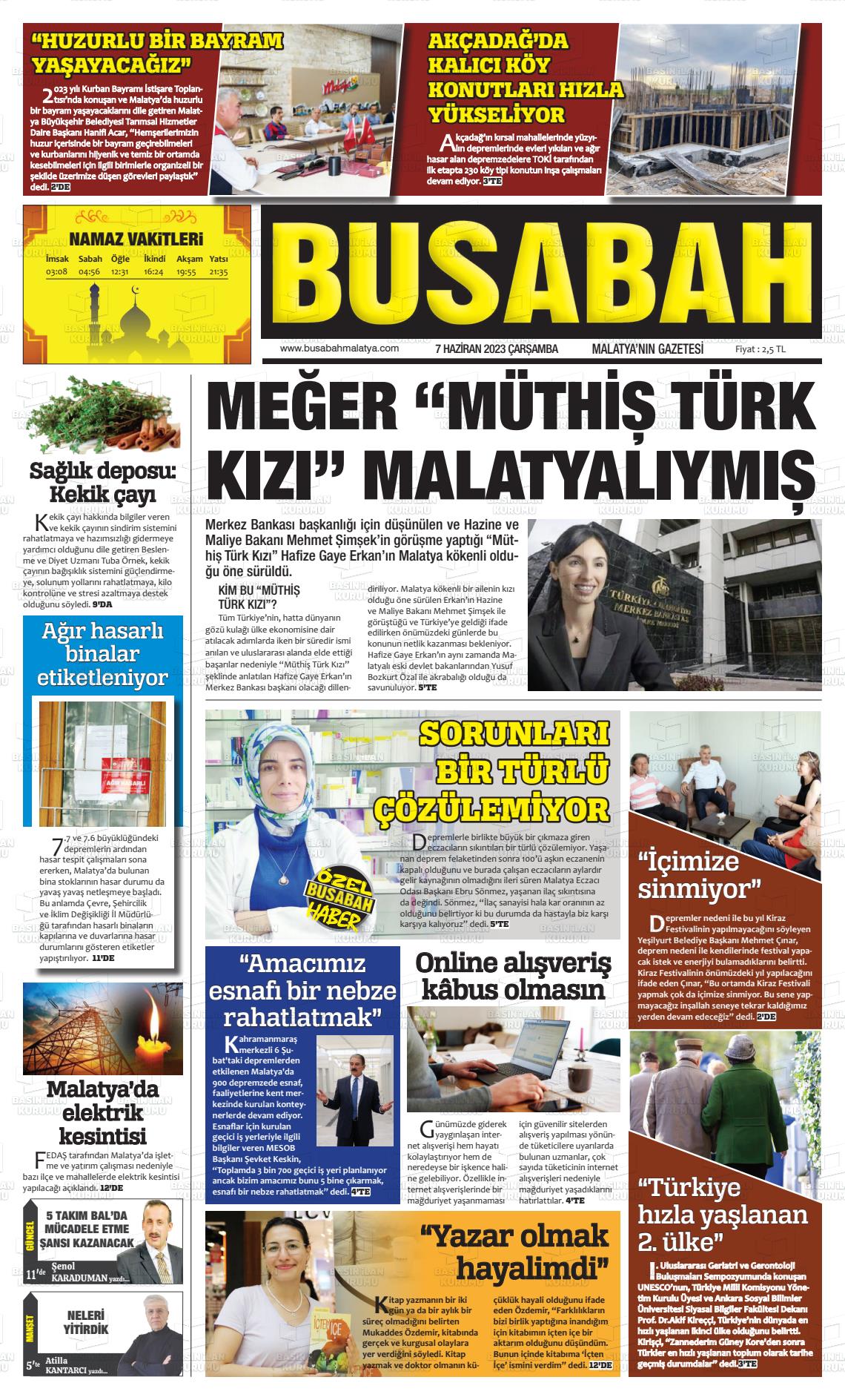 07 Haziran 2023 BUSABAH Malatya Gazete Manşeti