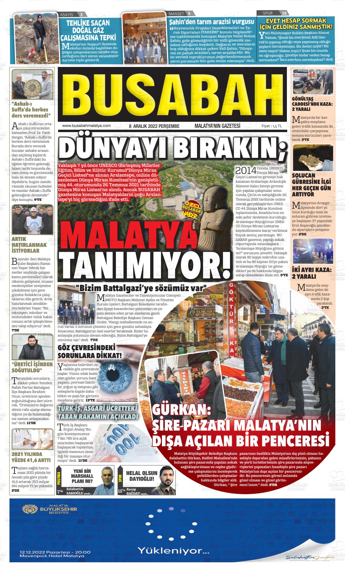 08 Aralık 2022 BUSABAH Malatya Gazete Manşeti