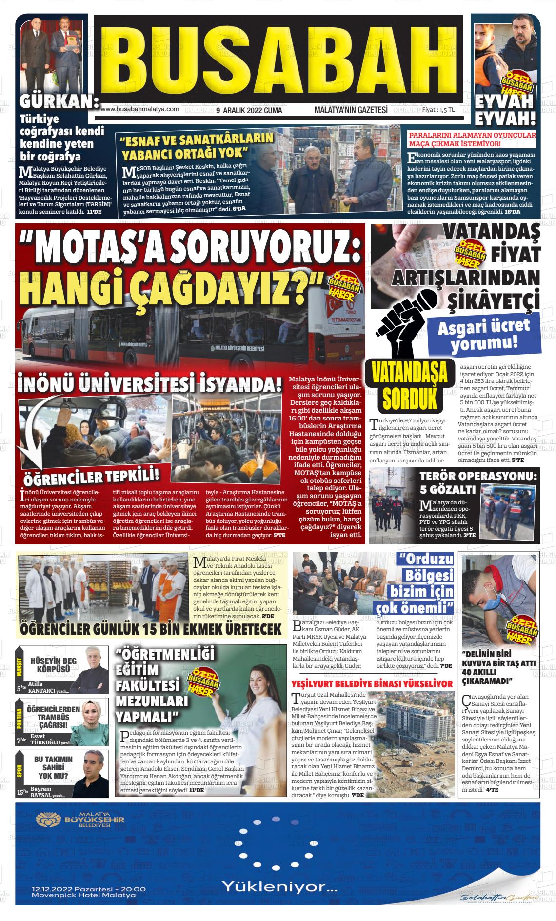 09 Aralık 2022 BUSABAH Malatya Gazete Manşeti