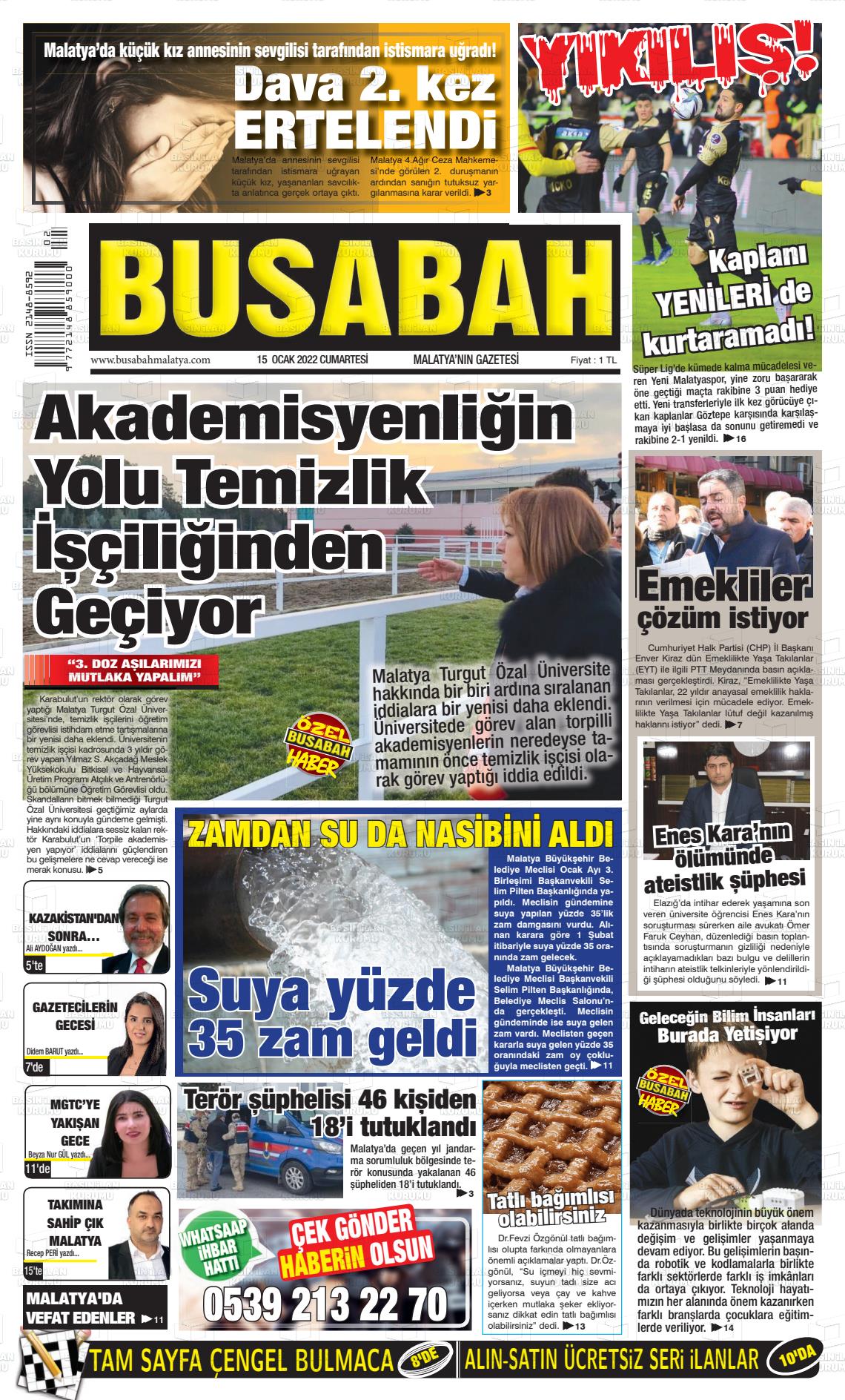 15 Ocak 2022 BUSABAH Malatya Gazete Manşeti