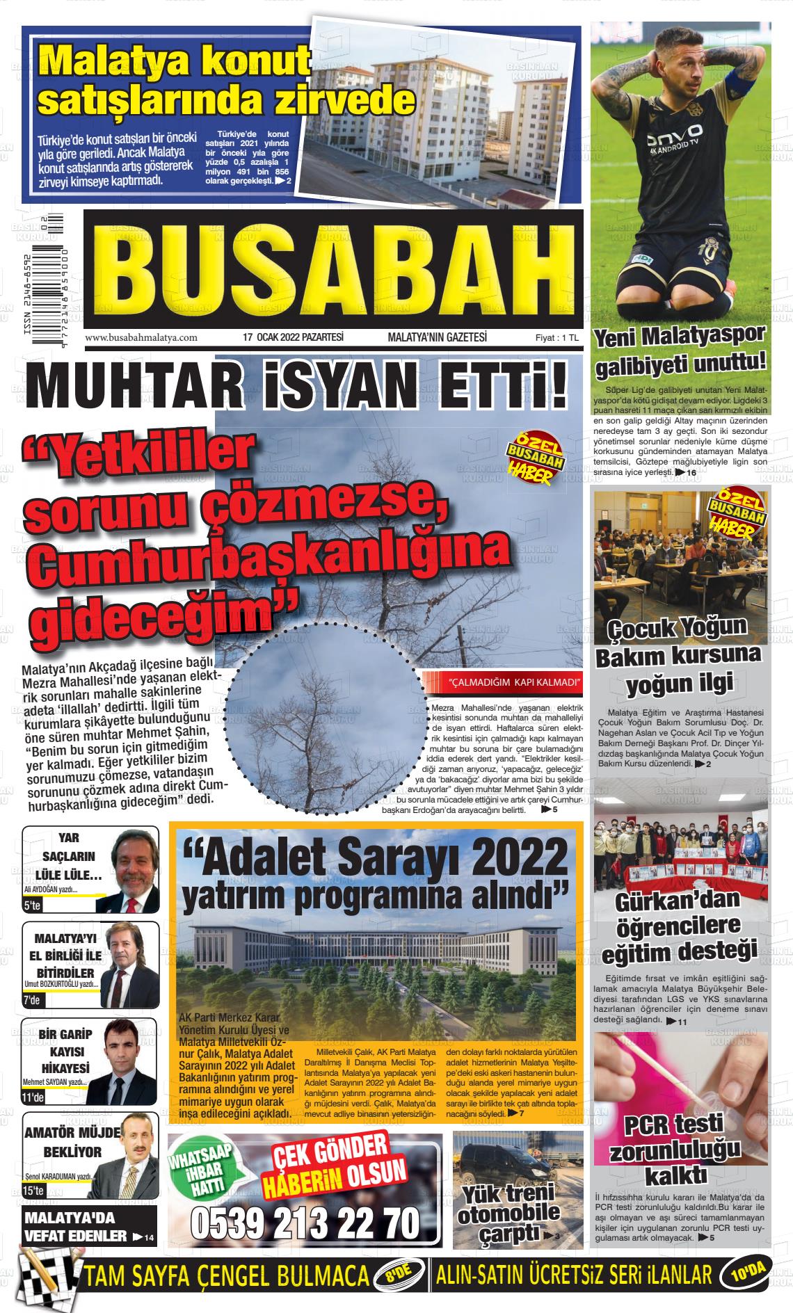 17 Ocak 2022 BUSABAH Malatya Gazete Manşeti
