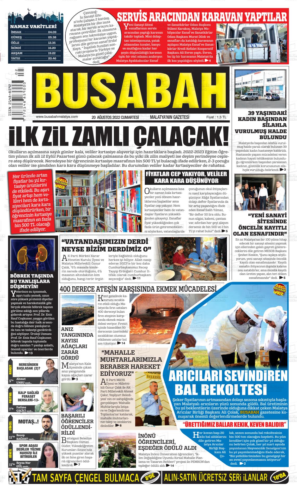 20 Ağustos 2022 BUSABAH Malatya Gazete Manşeti