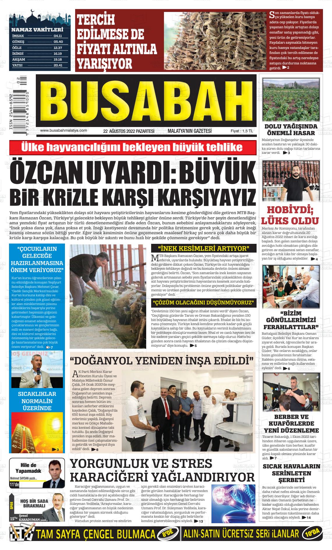 22 Ağustos 2022 BUSABAH Malatya Gazete Manşeti