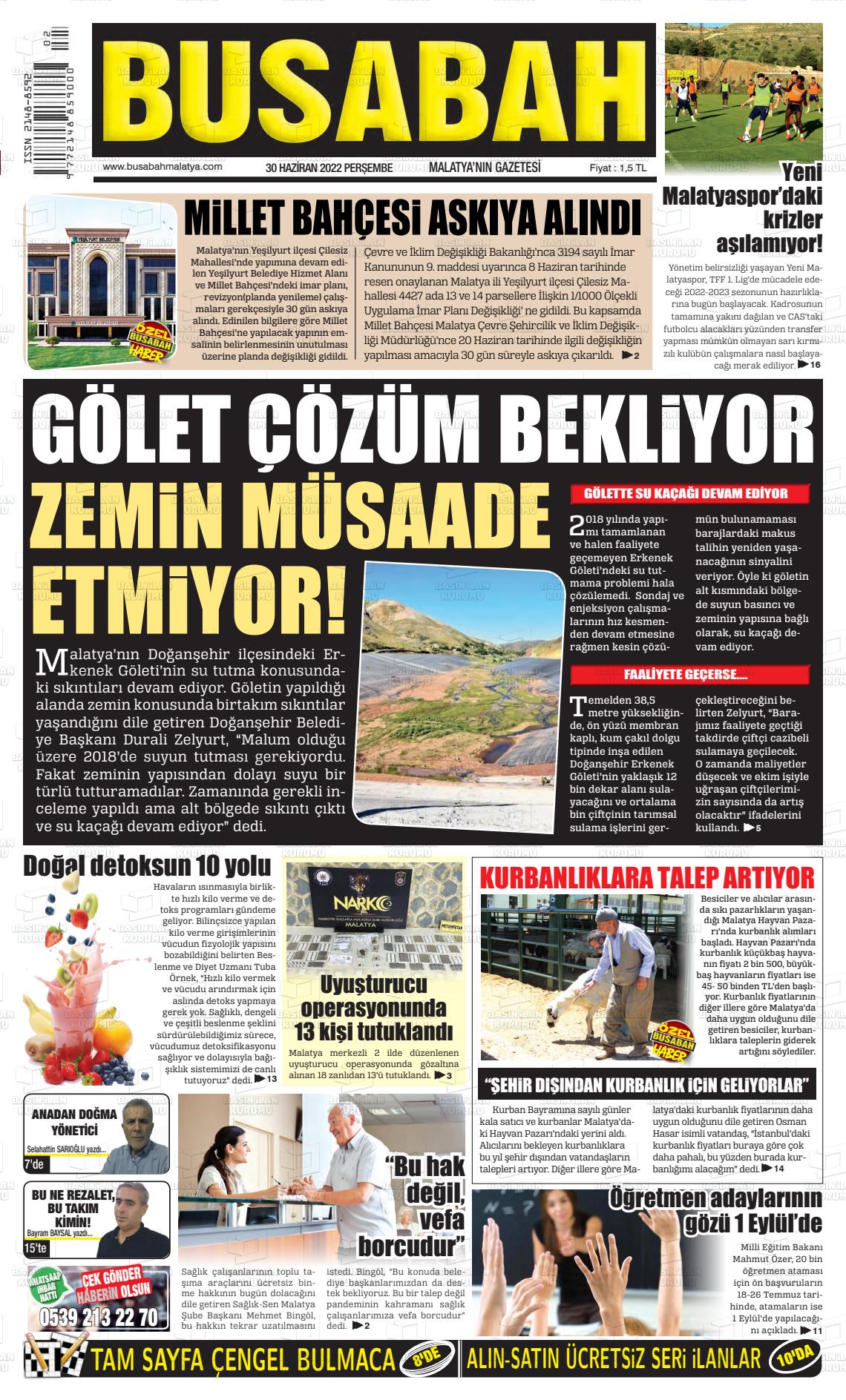 01 Temmuz 2022 BUSABAH Malatya Gazete Manşeti