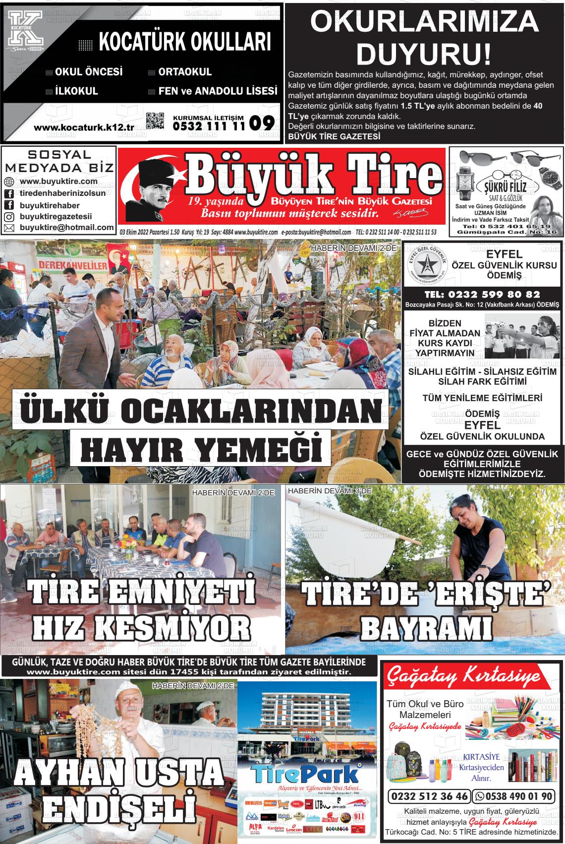 03 Ekim 2022 Büyük Tire Gazete Manşeti