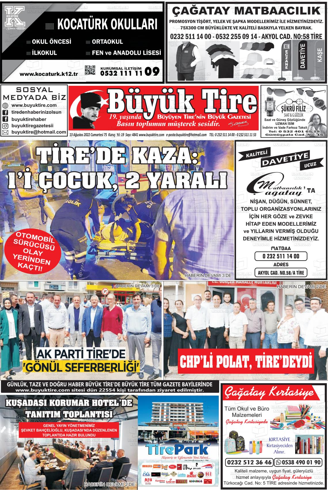 13 Ağustos 2022 Büyük Tire Gazete Manşeti