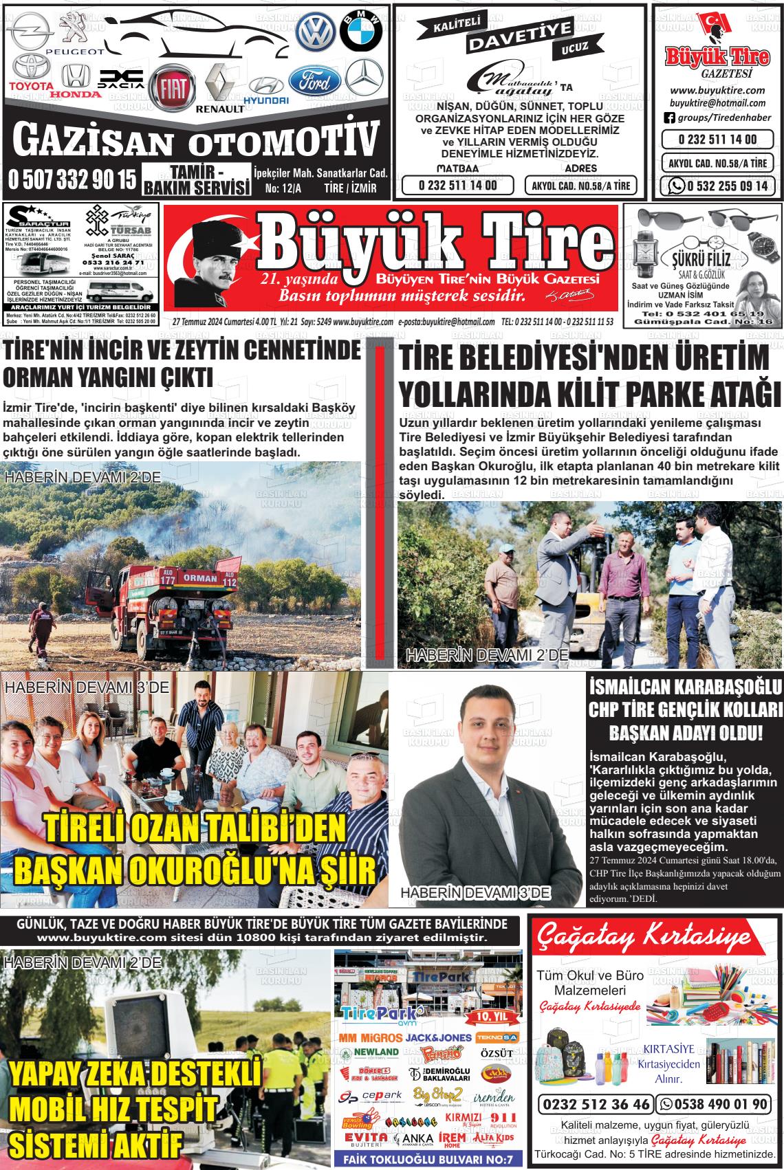 27 Temmuz 2024 Büyük Tire Gazete Manşeti