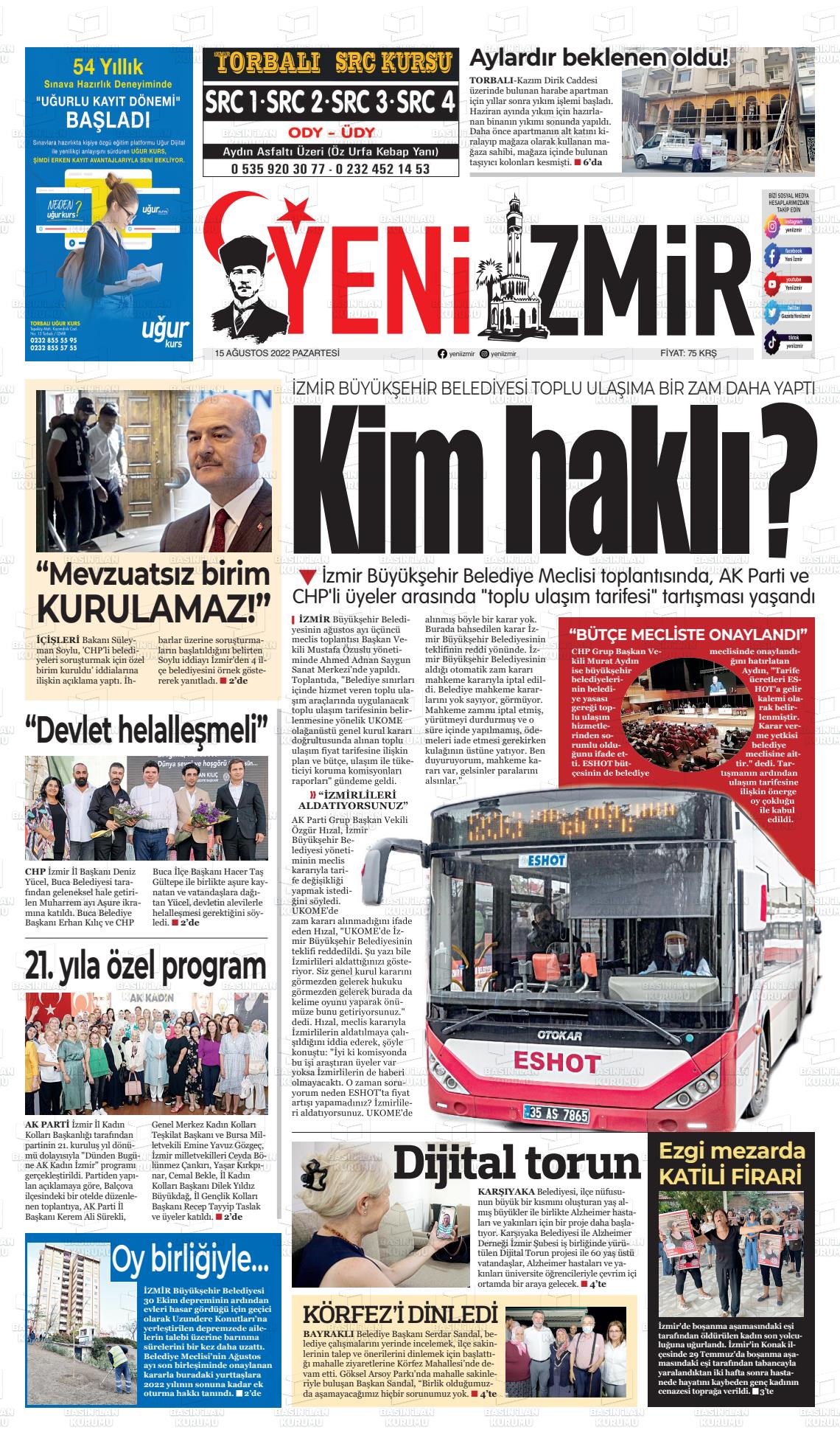 15 Ağustos 2022 Büyük Torbalı Gazete Manşeti