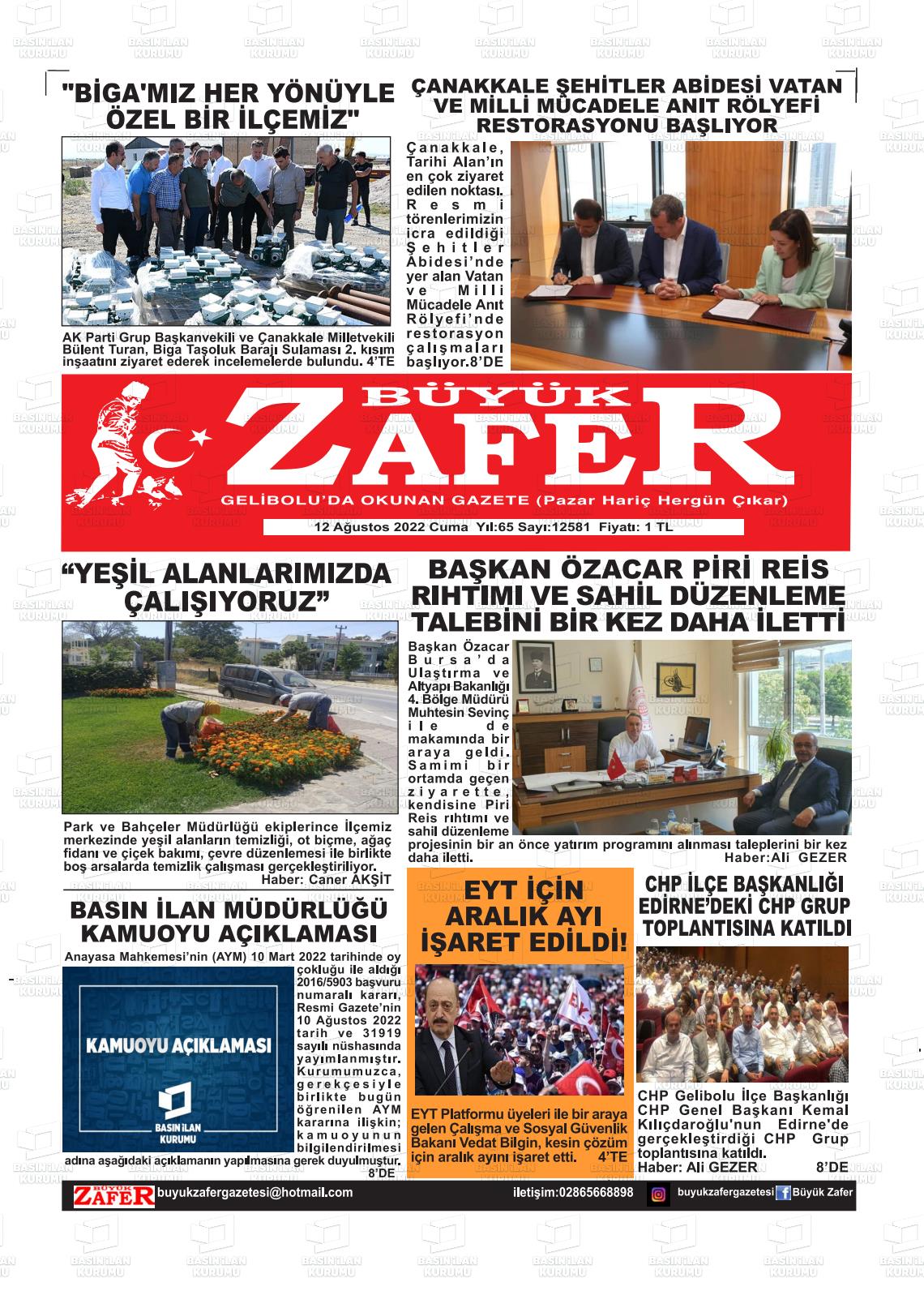 12 Ağustos 2022 Büyük Zafer Gazete Manşeti