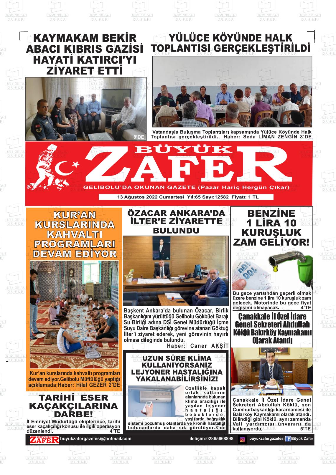 13 Ağustos 2022 Büyük Zafer Gazete Manşeti