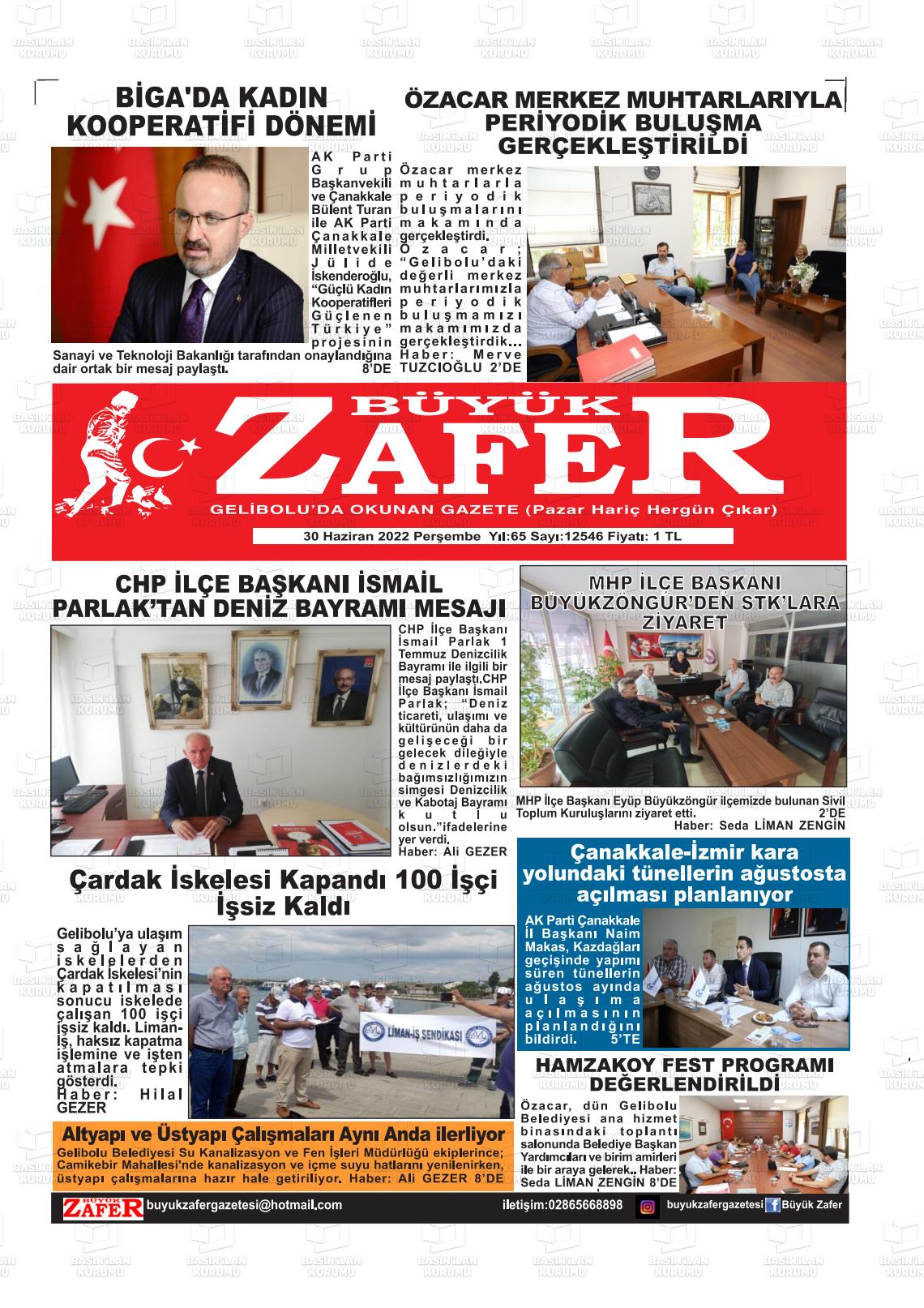 01 Temmuz 2022 Büyük Zafer Gazete Manşeti