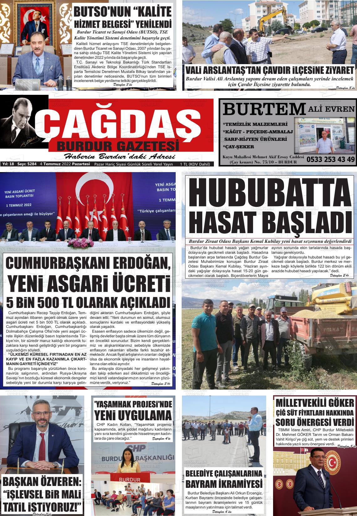 04 Temmuz 2022 Çağdaş Burdur Gazete Manşeti