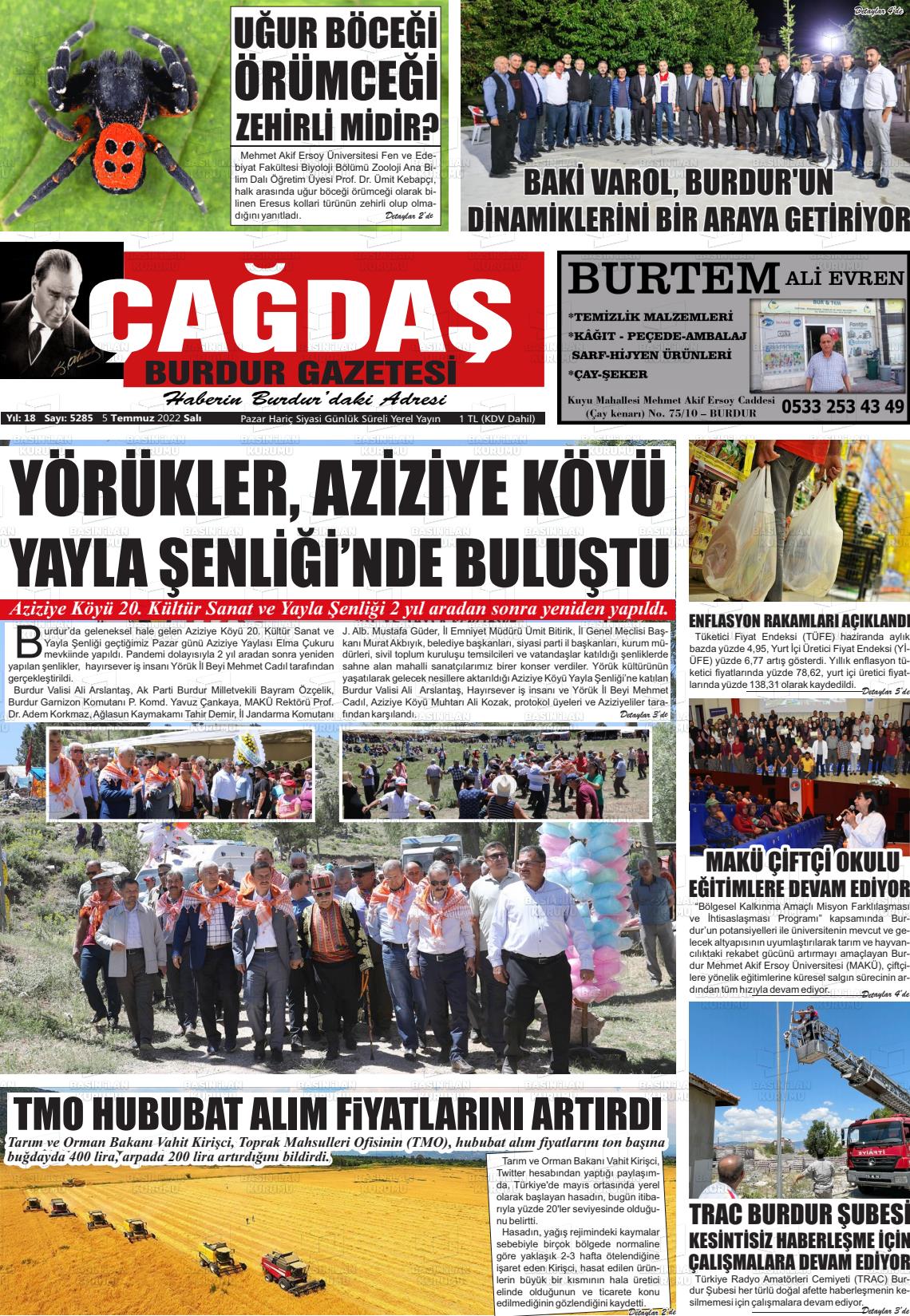 05 Temmuz 2022 Çağdaş Burdur Gazete Manşeti