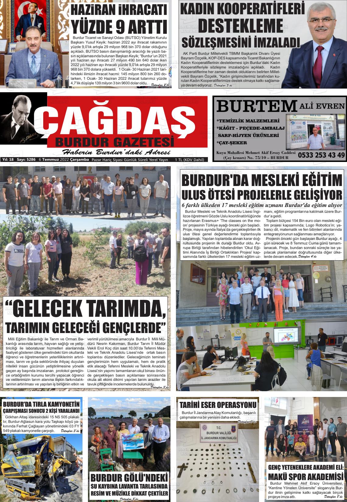 06 Temmuz 2022 Çağdaş Burdur Gazete Manşeti