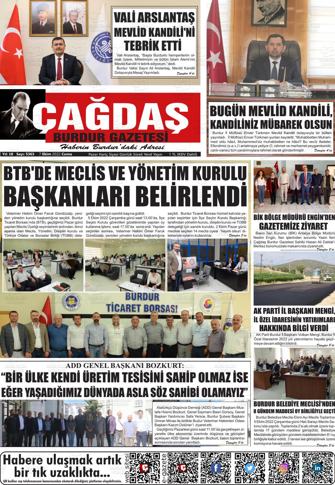 07 Ekim 2022 Çağdaş Burdur Gazete Manşeti