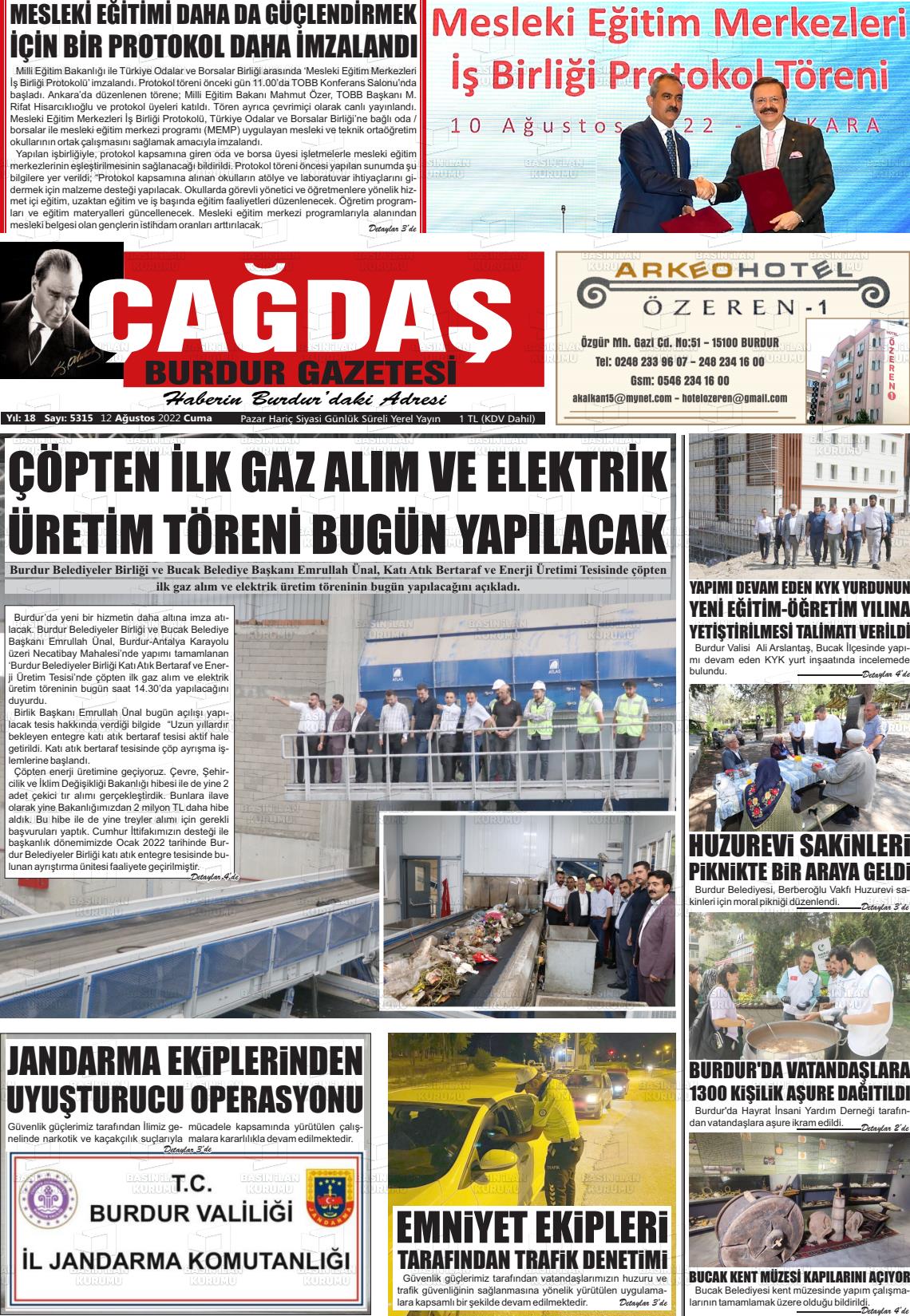 12 Ağustos 2022 Çağdaş Burdur Gazete Manşeti