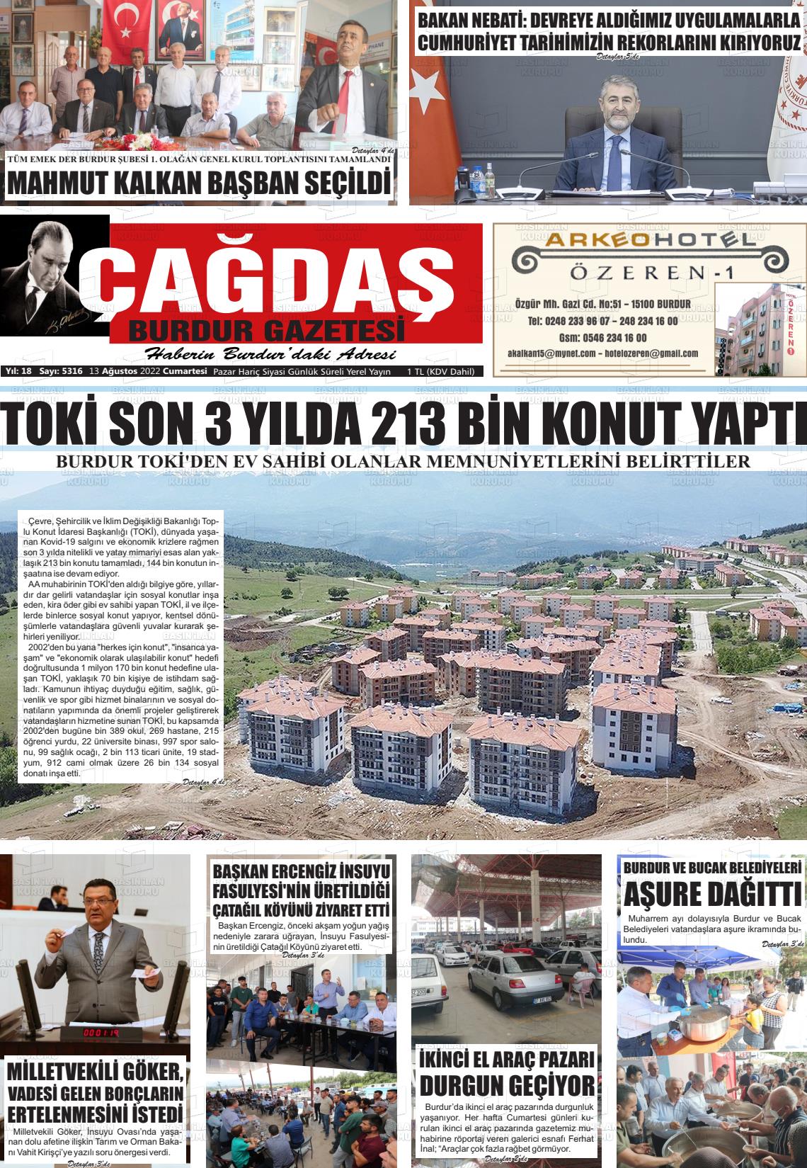 13 Ağustos 2022 Çağdaş Burdur Gazete Manşeti
