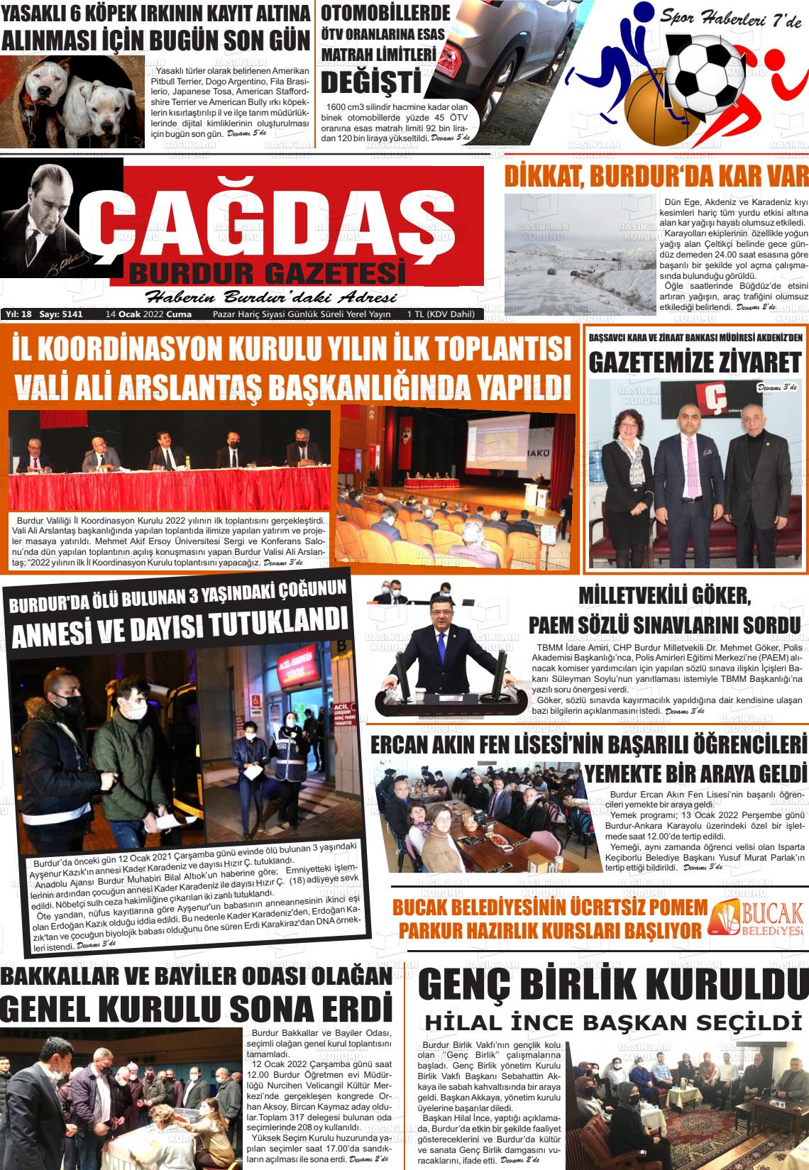 14 Ocak 2022 Çağdaş Burdur Gazete Manşeti